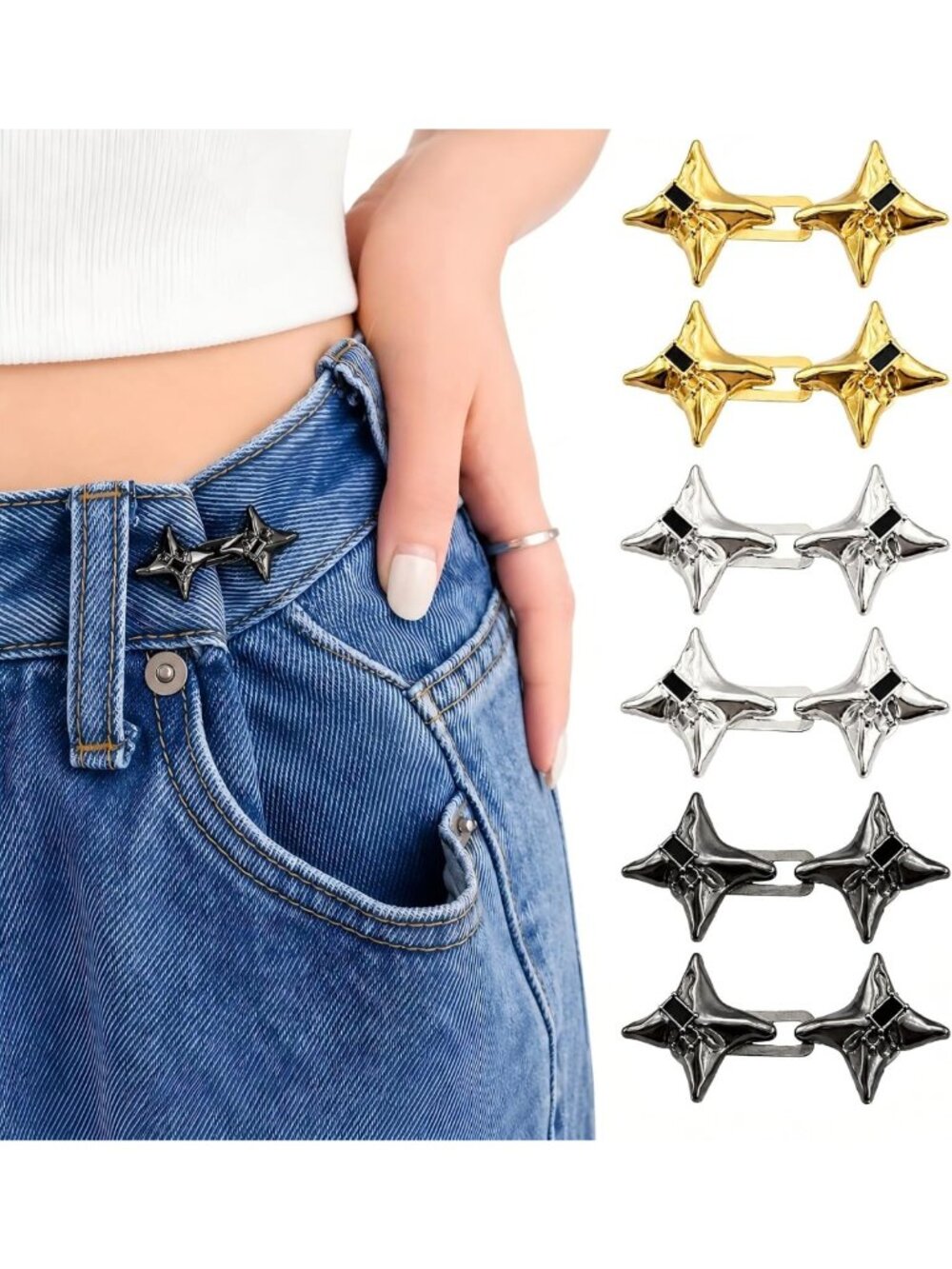 Adjustable Pant Waist Tightener Clips - 6 Sets, Star Button Pins, 3 Colors